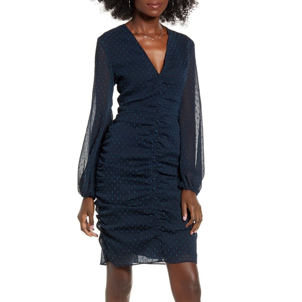 Leith Navy Swiss Dot Ruched Long Sleeve Dress